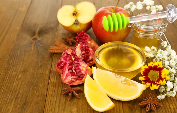 Picture flowers, lemon, apples, honey, spoon, Bank, honey, cinnamon