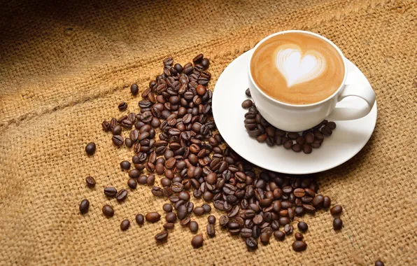 Picture heart, figure, mug, cappuccino, coffee beans, burlap, saucer, foam