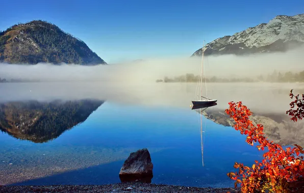 Picture autumn, the sky, leaves, mountains, fog, lake, boat, stone