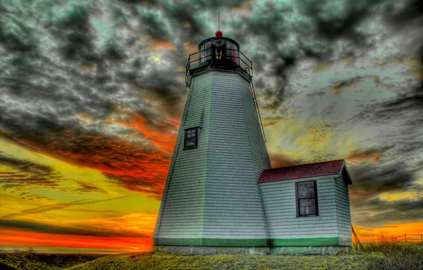 The sky, clouds, lighthouse, glow