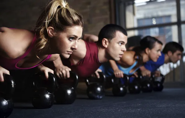 Group, class, crossfit, pushups, Russian dumbbell