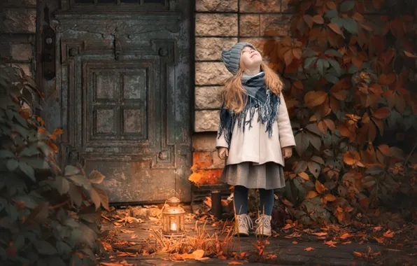 Autumn, door, girl, lantern