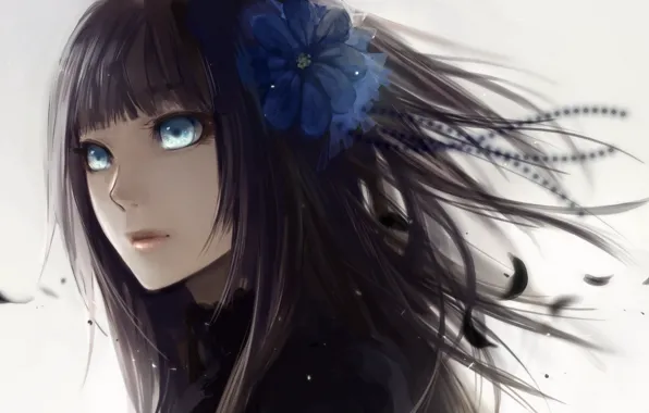Flower, girl, petals, bangs, black hair, simple background