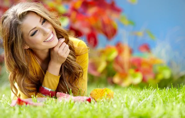 Picture greens, autumn, grass, girl, nature, smile, hair, laughter