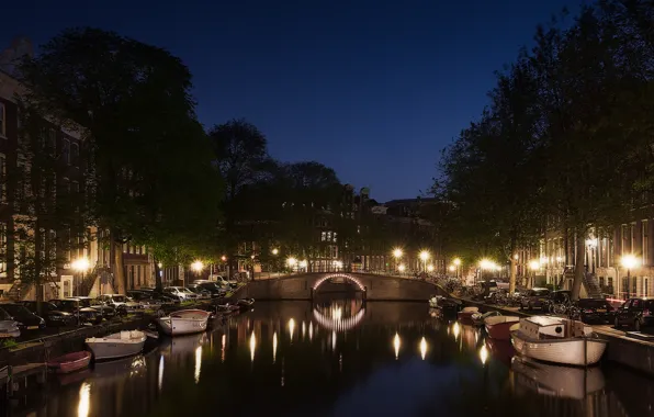 Machine, night, lights, reflection, street, boats, Amsterdam, lights