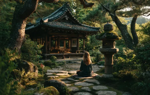 Greens, forest, girl, light, landscape, Park, stones, calm