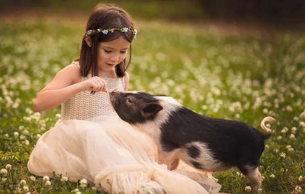 Summer, flowers, childhood, pose, glade, spring, dress, brunette