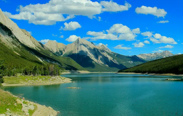 Forest, clouds, trees, mountains, lake, Canada, Albert, Medicine Lake