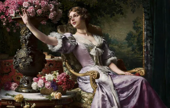 Picture picture, painting, painting, Lady in a lilac dress with flowers, Wladyslaw Czachorski, c1880s
