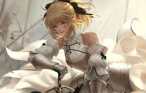 Picture Girl, Blonde, Illustration, Face, Battle, Characters, Armor, Saber Lily