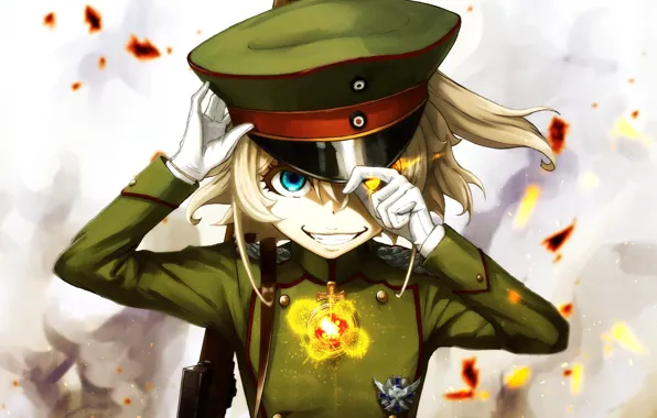 Girl, soldier, military, war, anime, chibi, cap, blonde