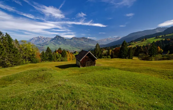 Picture mountains, Switzerland, valley, Alps, meadow, hut, Switzerland, Alps