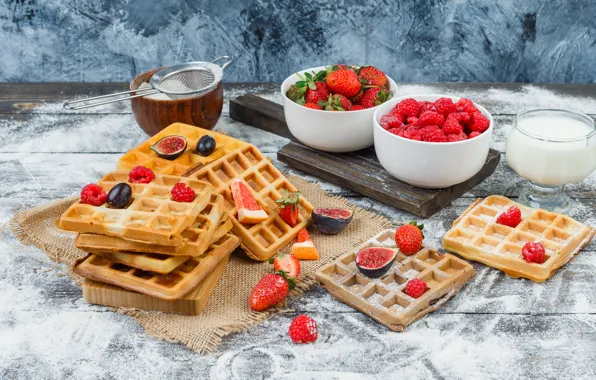 Berries, strawberry, waffles