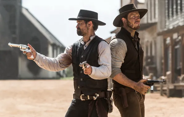 Cowboys, hats, Western, revolvers, Chris Pratt, Chris Pratt, The Magnificent Seven, The magnificent seven