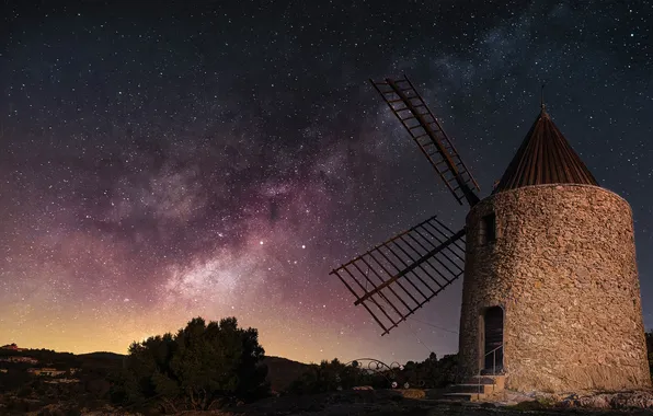 Stars, night, The milky way, the night sky, windmill