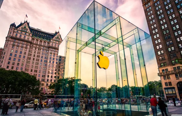 Picture glass, movement, apples, people, skyscrapers, logo, shop, Apple Store