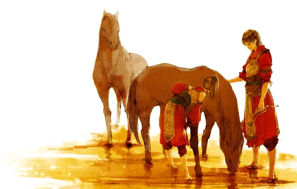 Horse, anime, bathing, art, two