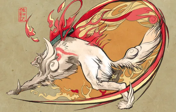 Picture fire, wolf, art, running, Okami