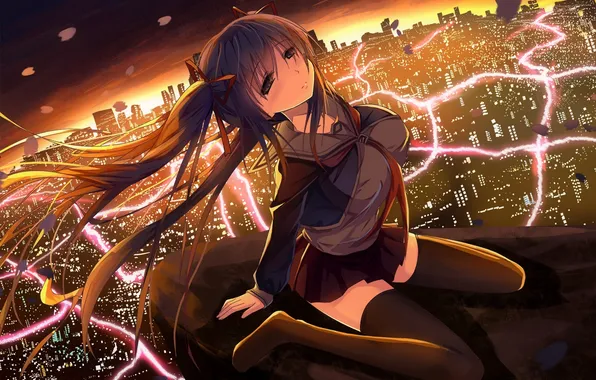 Picture girl, sunset, the city, lights, anime, petals, art, form