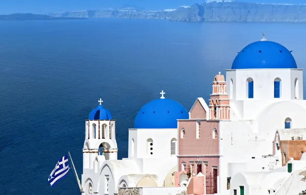 Picture nature, the city, building, home, Santorini, Greece, flag, Church
