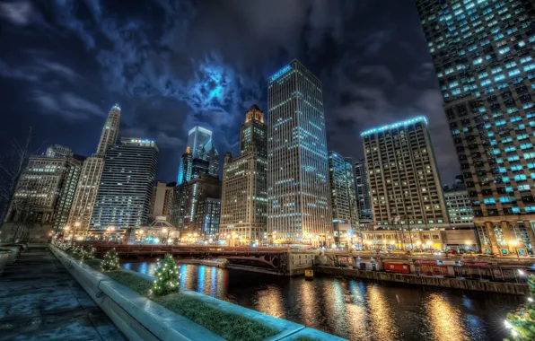 Water, night, the city, lights, reflection, channel, America, Chicago