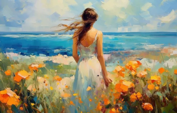 Field, girl, flowers, nature, paint, picture, painting, strokes