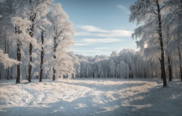 Winter, frost, forest, clouds, light, snow, trees, landscape