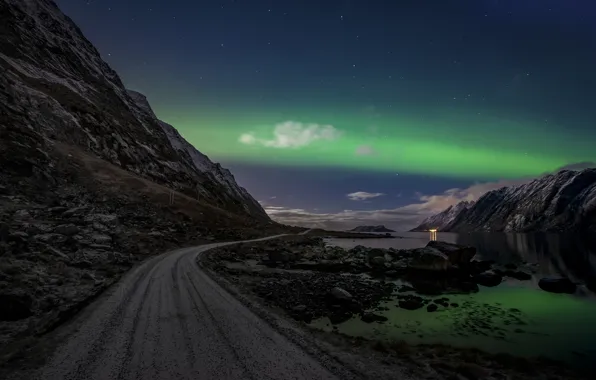 Road, the sky, clouds, night, rocks, Northern lights, Norway, The Lofoten Islands