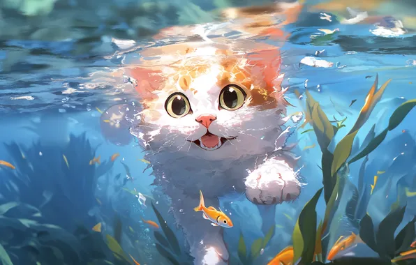 Picture bubbles, underwater, animals, water, cats, fish, artwork, kittens