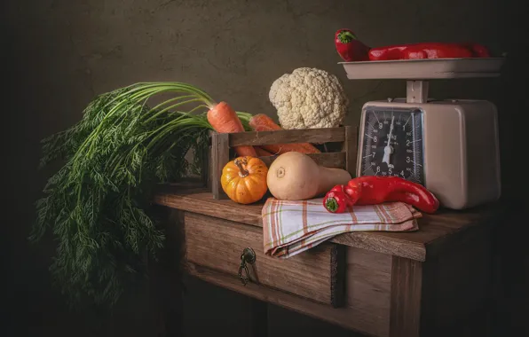 Red, the dark background, table, food, towel, harvest, pumpkin, pepper
