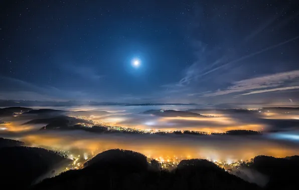 The sky, night, the city, lights, fog, hills, star. the moon