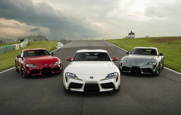 White, red, grey, coupe, track, Toyota, Supra, the fifth generation