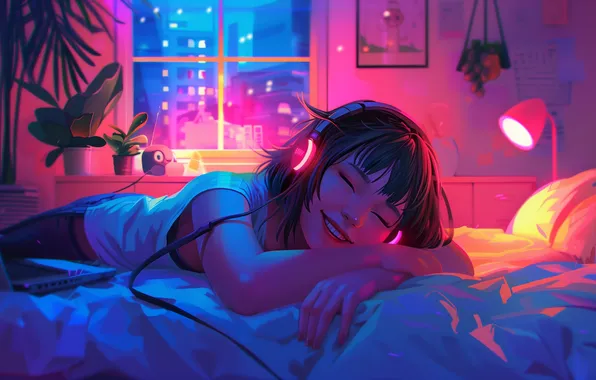 Picture women, AI art, illustration, headphones, colorful, LoFi, sleeping