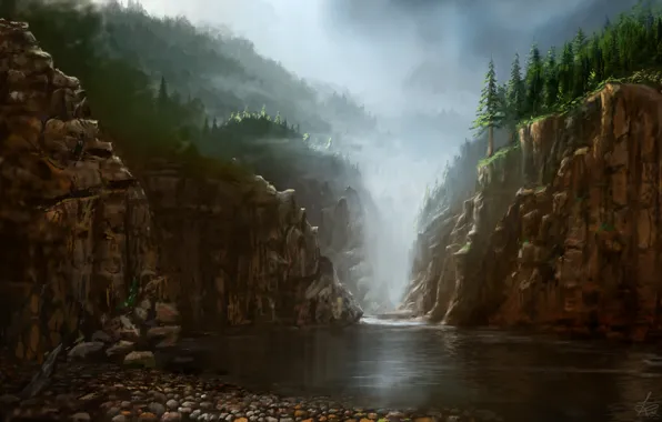 Water, nature, fog, stones, rocks, view, art, painting