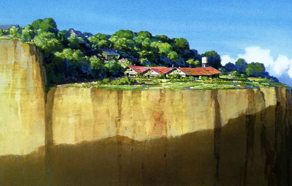 Houses, Sunny day, spirited away, spirited away, settlement, blue sky, rocky shore, red krysi