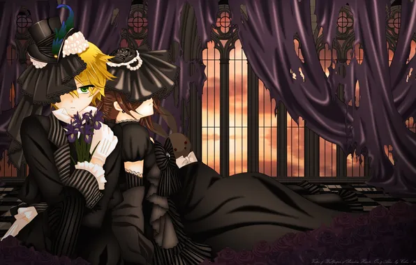 Picture girl, Windows, roses, guy, curtains, Bunny, alice, pandora hearts