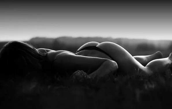 The sky, Girl, Field, Grass, Black And White, Silhouette, Ass, Ass