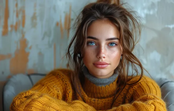 Look, girl, yellow, face, pose, wall, portrait, chair