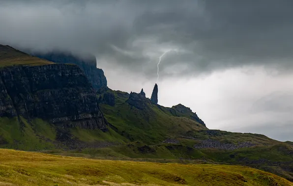 The storm, field, the sky, mountains, clouds, stones, rocks, lightning