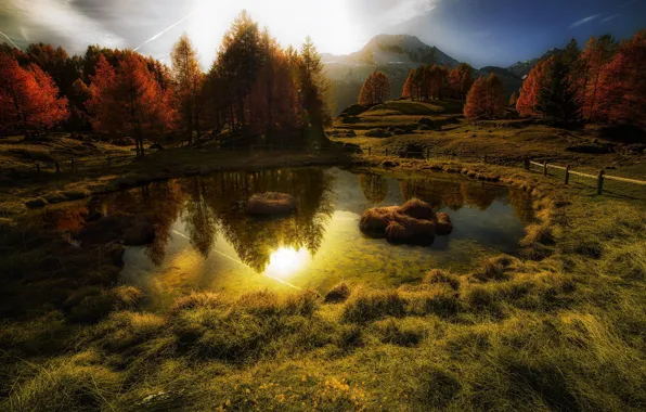 Picture autumn, the sun, trees, mountains, reflection, pond, gold