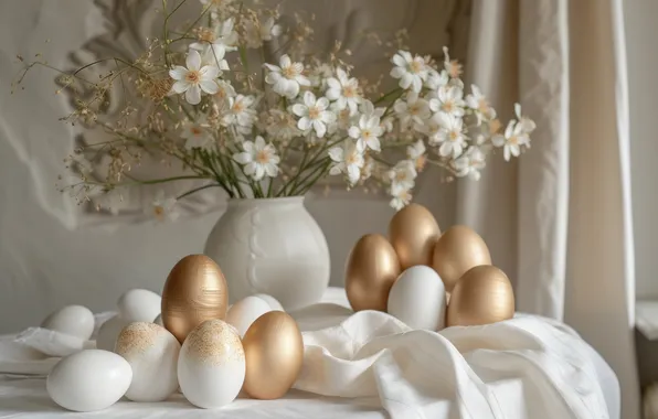 Flowers, table, holiday, eggs, bouquet, spring, Easter, still life