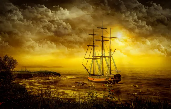 Sea, the sky, clouds, light, landscape, sunset, flowers, clouds