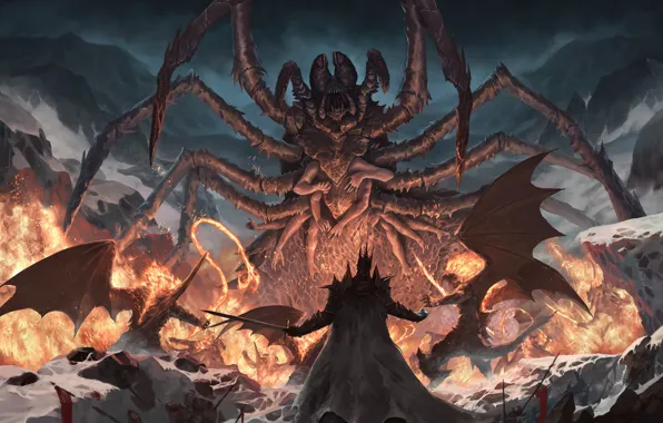 Snow, flame, wings, spider, sword, battle, mutant, Silmarillion