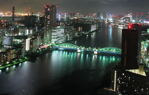 Night, bridge, river, Tokyo, japan