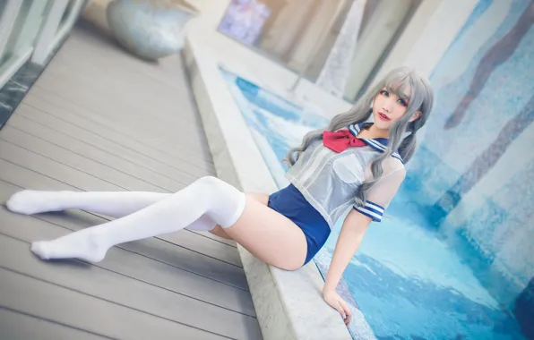 Swimsuit, look, water, girl, blue, face, sexy, pose