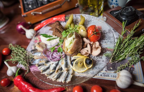 Lemon, mushrooms, cucumber, bow, bread, pepper, tomatoes, olives