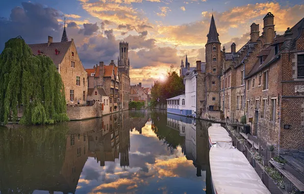 Sunset, home, boats, channel, Belgium, Bruges, the urban landscape
