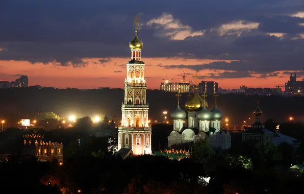 Night, lights, tower, Moscow, Russia, the monastery, dome, Novodevichy convent