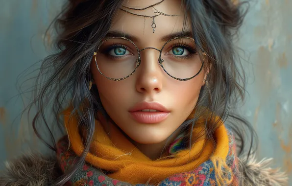 Picture Girl, Look, Glasses, Hair, Brunette, Digital art, AI art, The Art of Artificial Intelligence
