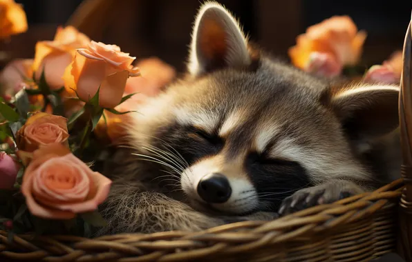 Flowers, sleep, roses, sleeping, raccoon, face, basket, AI art